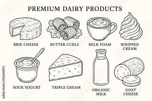 Illustration of premium dairy products including cheese, milk, and butter variety