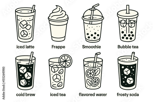 Variety of cold beverages: iced latte, frappe, smoothie, bubble tea, cold brew, iced tea, flavored water, frosty soda