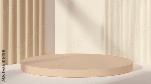 Minimalist beige podium with ribbed wall background and soft shadow overlay