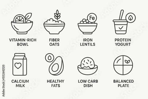 Icons of nutrient-rich foods: oats, lentils, yogurt, milk, avocado, balanced meals