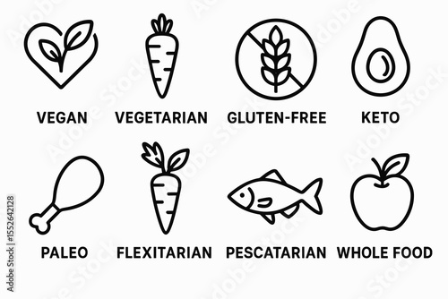 Dietary icons for vegan, vegetarian, gluten-free, keto, and more