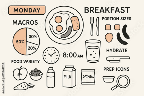 Monday morning breakfast plan with macros and portion sizes