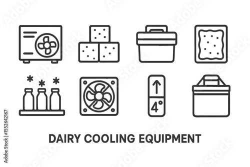 Dairy cooling equipment icons: fan, cheese, milk, temperature control