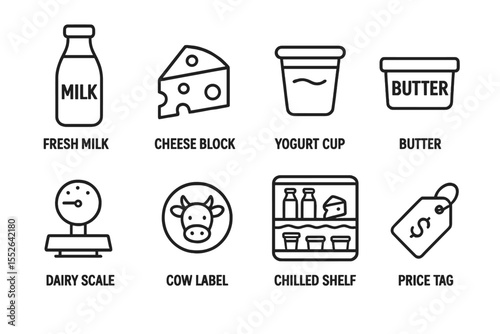 Icons for dairy products: milk, cheese, yogurt, butter, scale, cow, shelf, price tag