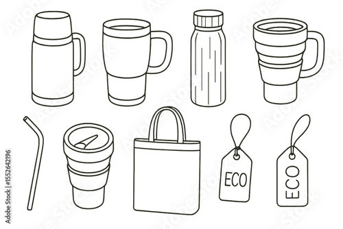 Eco-friendly reusable items: cups, bottles, straws, tote bags, tags