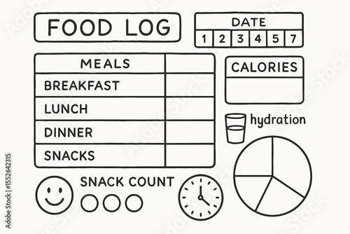 Minimalist food log template for daily meal tracking and hydration monitoring