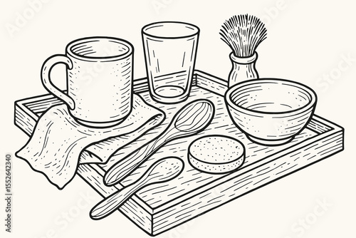 Line art of kitchen utensils with mug, glass, and wooden tray