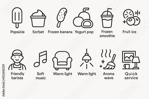 Line icons of frozen desserts and cafe atmosphere elements