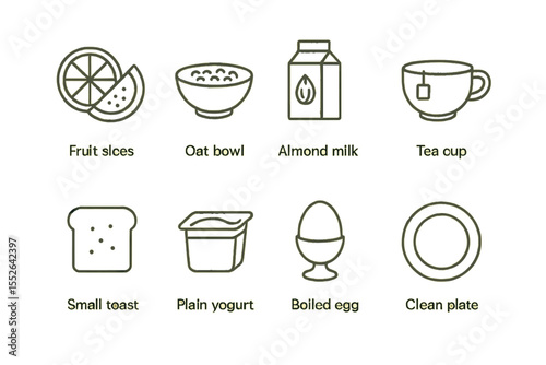 Breakfast icons: fruit, oatmeal, almond milk, tea, toast, yogurt, boiled egg, plate