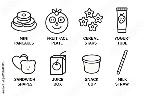 Assorted kids' snacks: mini pancakes, fruit face plate, cereal stars, yogurt tube