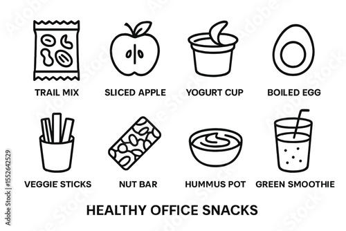 Healthy office snacks: trail mix, sliced apple, yogurt cup, veggie sticks, green smoothie
