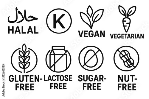 Halal vegan vegetarian gluten-free lactose-free sugar-free nut-free food symbols