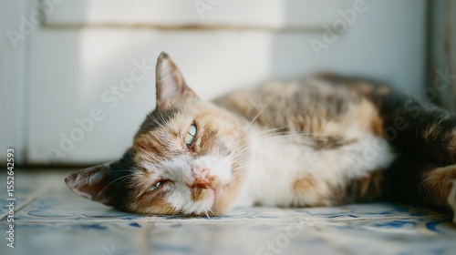 Cat summer heat, tired cat lying floor, calico, exhausted pet, hot weather, lazy day

