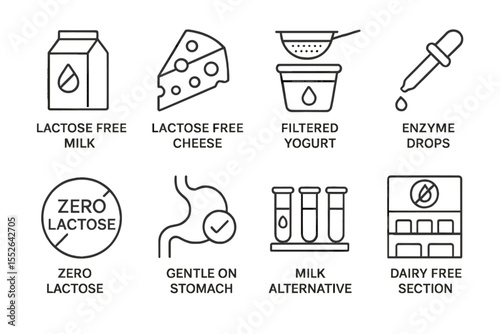 Lactose-free dairy alternatives icons: milk, cheese, yogurt, enzyme drops
