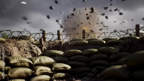 Artillery shells and explosions bombard a military trench with sandbags and barbed wire. A concept for historical warfare, WW1, or WW2 battle scenes.