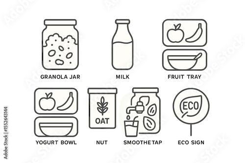 Healthy food and beverage icons: granola jar, milk bottle, fruit tray, nut, smoothie tap, eco sign