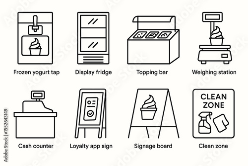 Frozen yogurt shop equipment icons: tap, fridge, topping bar, weighing station, more