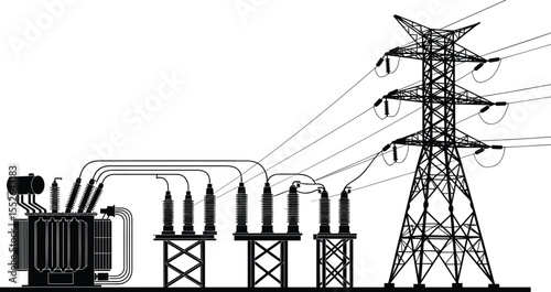 Electric substation with transformer, high voltage equipment, power transmission tower, industrial energy infrastructure, black silhouette vector, electricity distribution system, grid network, 