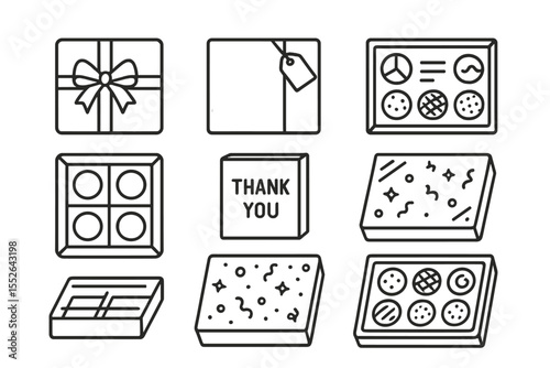 Variety of gift boxes featuring cookies and chocolates with decorative elements