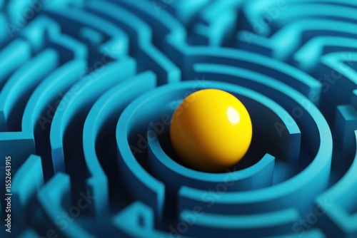 Abstract 3D render of bright yellow ball inside a complex geometric blue labyrinth