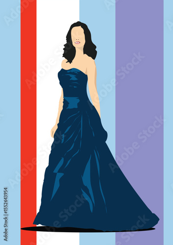 025-22-Fashion model wearing elegant long blue dress posing on a colorful striped background. Hand drawn illustration