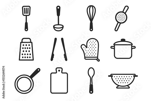 Black and white kitchen utensils illustration with whisk, spatula, pot, and more