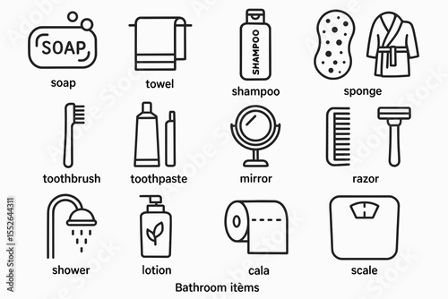Bathroom essentials icons: soap, towel, shampoo, sponge, toothbrush, toothpaste, mirror, razor, shower, lotion, toilet paper, scale