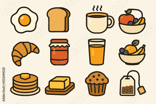 Breakfast icons: eggs, toast, coffee, fruits, juice, pancakes, butter, muffin, tea
