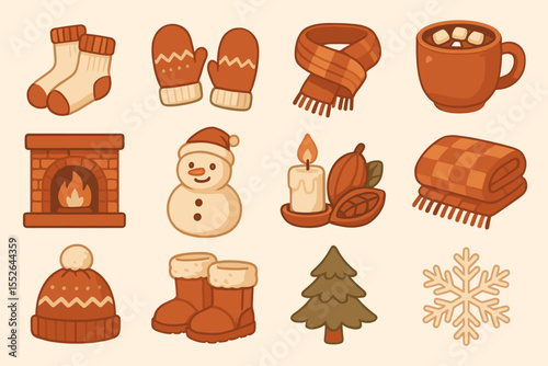 Cozy winter icons: mittens, scarf, socks, hot cocoa, fireplace, snowman, candle, blanket, snowflake