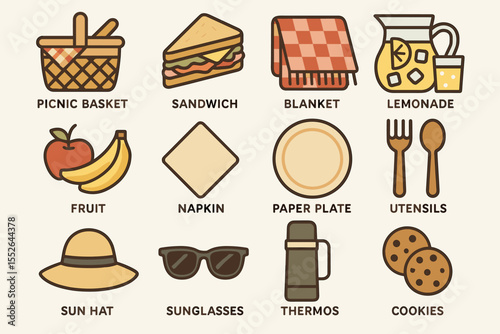 Picnic essentials icons: basket, sandwich, blanket, lemonade, snacks, and accessories