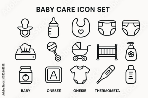 Baby care icon set featuring pacifier, bottle, diaper, cradle, and thermometer