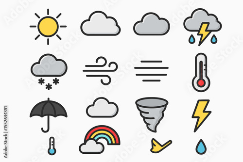 Weather icons: sun, cloud, rain, snow, wind, thermometer, tornado, rainbow, lightning