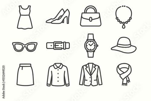 Fashion accessories and clothing icon set featuring dresses, shoes, handbags, and jewelry