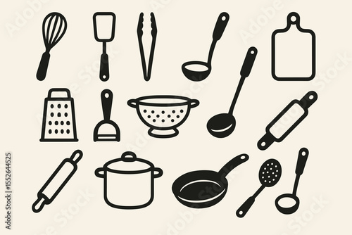 Silhouettes of essential kitchen utensils for cooking and baking