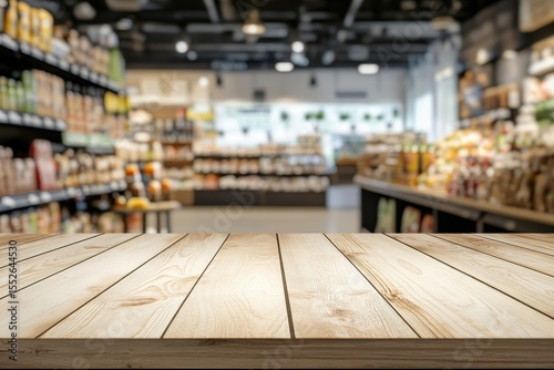 Grocery Backdrop. Modern Wooden Tabletop Display in Supermarket with Blurred Background