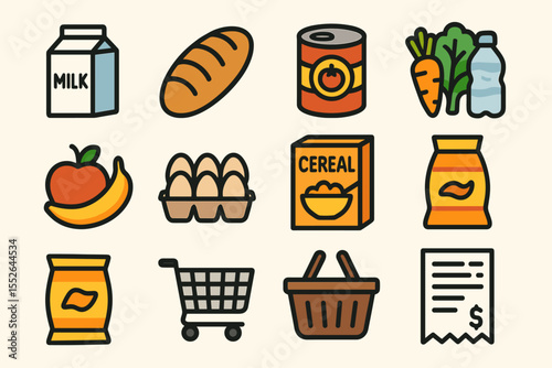 Colorful grocery icons: milk, bread, canned goods, fresh produce, cart, basket, receipt