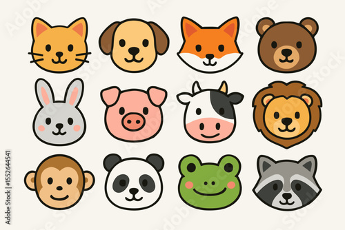 Illustrated animal faces: cat, dog, fox, bear, rabbit, pig, cow, lion, monkey, panda, frog, raccoon
