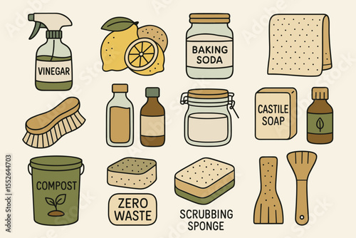 Eco-friendly cleaning supplies: vinegar, baking soda, castile soap, compost, zero waste