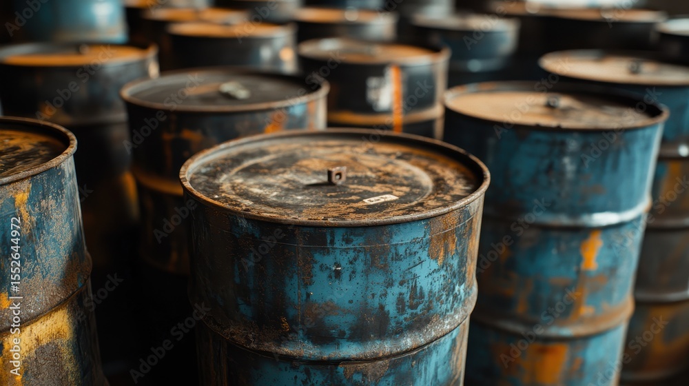 Hazardous Disposal. Group of Steel Drums Storing Waste in Sheltered Environment Hazardous Disposal. Group of Steel Drums Storing Waste in Sheltered Environment