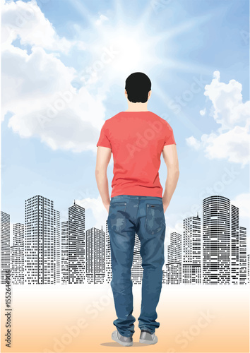 025-29-Casual young man looking at big city skyline under beautiful sunny sky. Hand drawn illustration
