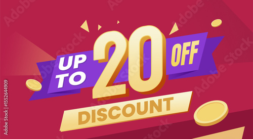 Eye catching discount promotional banner with dynamic typography, purple ribbon, and scattered golden coins on a vibrant red background.