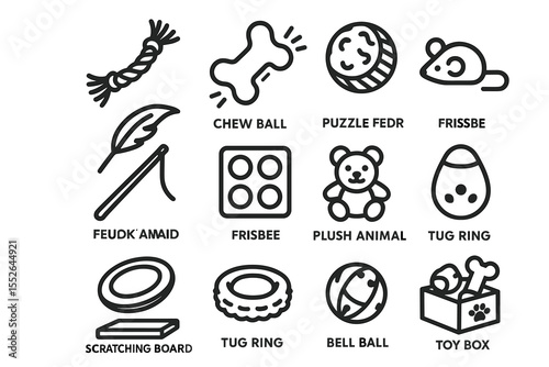 Collection of various pet toys including chew balls, plush animals, and tug rings