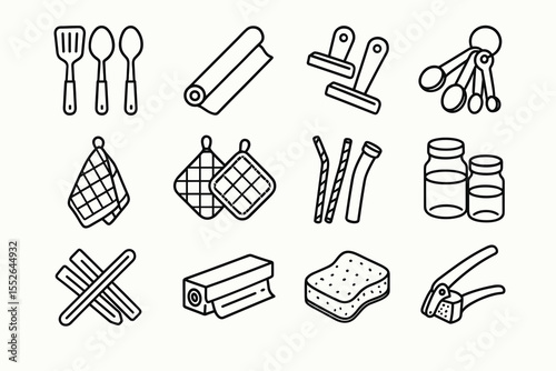 Kitchen utensils and tools set featuring spoons, spatulas, rolling pins, measuring cups, and more