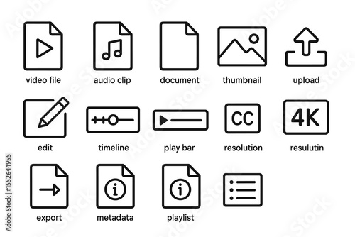 Media file icons set: video, audio, document, image, edit, export, playlist