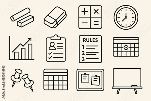 Educational outline icons: school supplies and classroom management elements