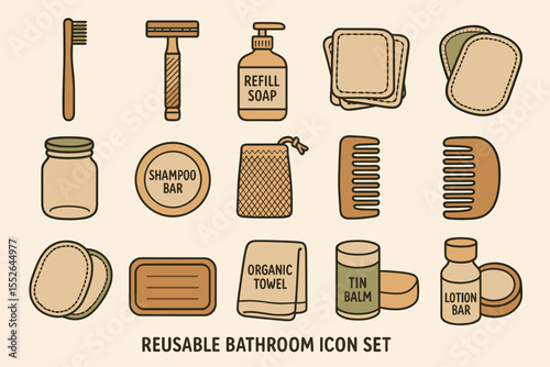 Reusable bathroom icon set featuring eco-friendly toiletry and grooming products