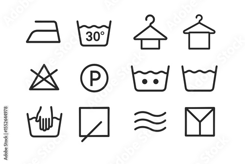 Laundry care symbols: washing, ironing, drying, bleaching, professional care icons