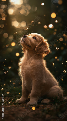 A fluffy golden retriever puppy sitting in a patch of glowing fireflies