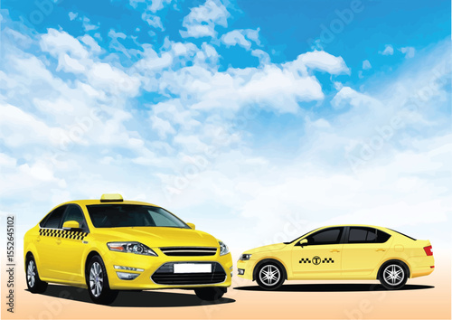 025-30-Two yellow taxi cabs are parked on a sunny day under a blue sky. Hand drawn illustration