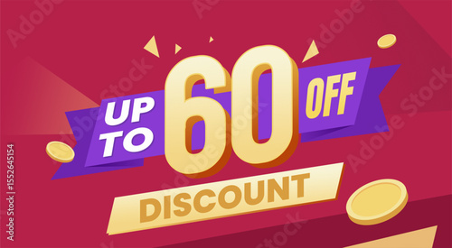 Eye catching discount promotional banner with dynamic typography, purple ribbon, and scattered golden coins on a vibrant red background.
